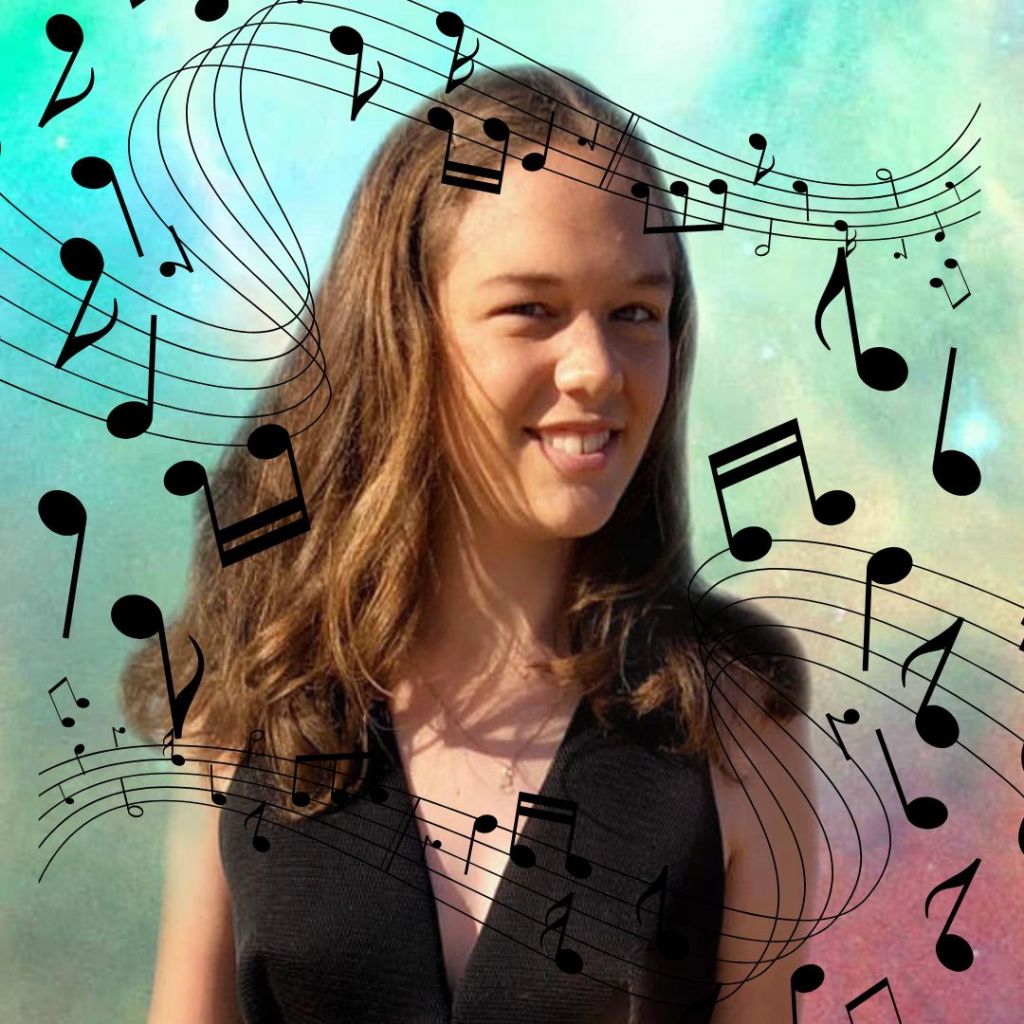 A smiilng young woman against a background of rainbow ombrage and musical notes 